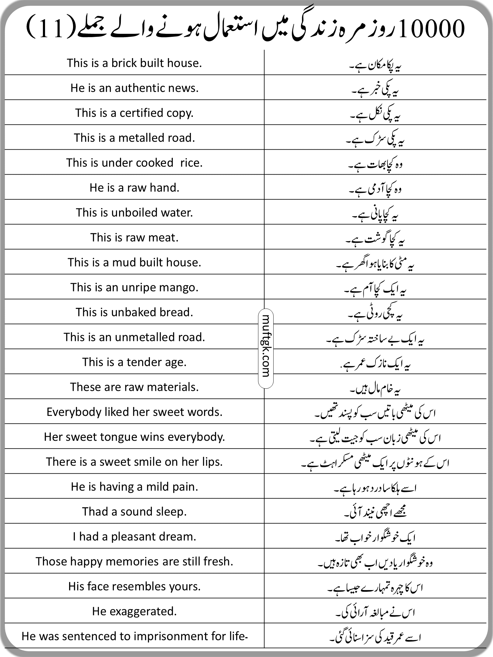 Common Daily Use Sentences in English And and Urdu