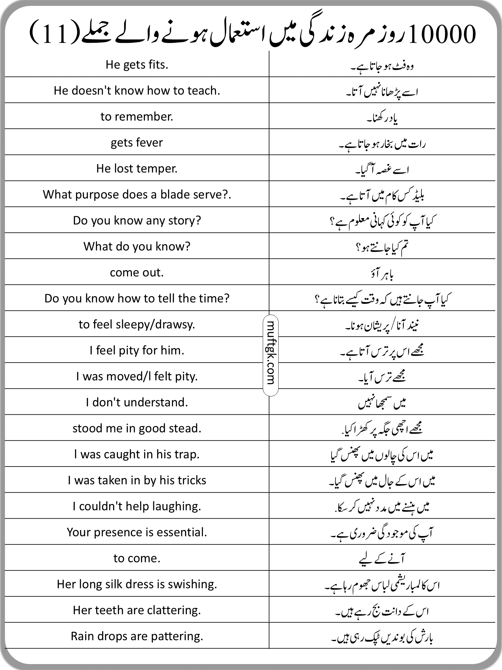 Common Daily Use Sentences In Urdu 